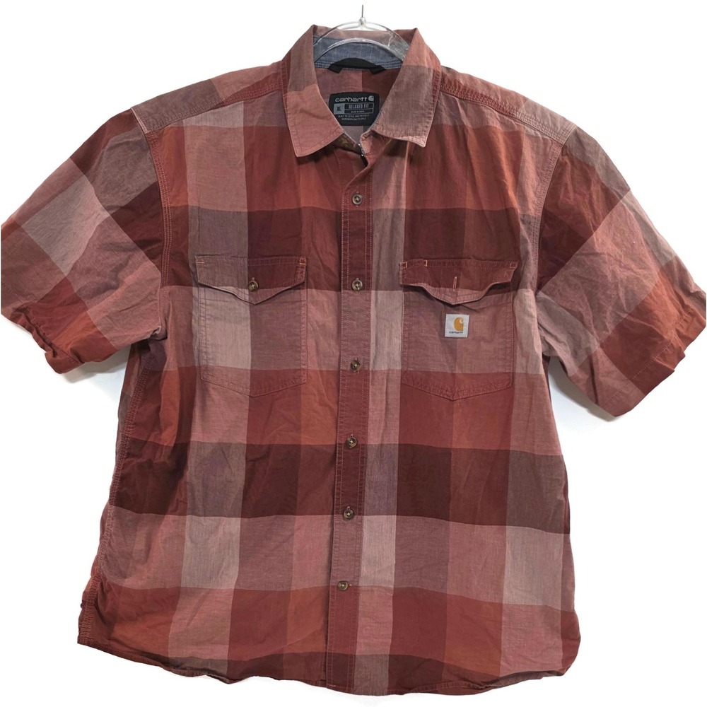 Carhartt Men’s Short-Sleeve Plaid Button-Down Shirt in Rust and Burgundy